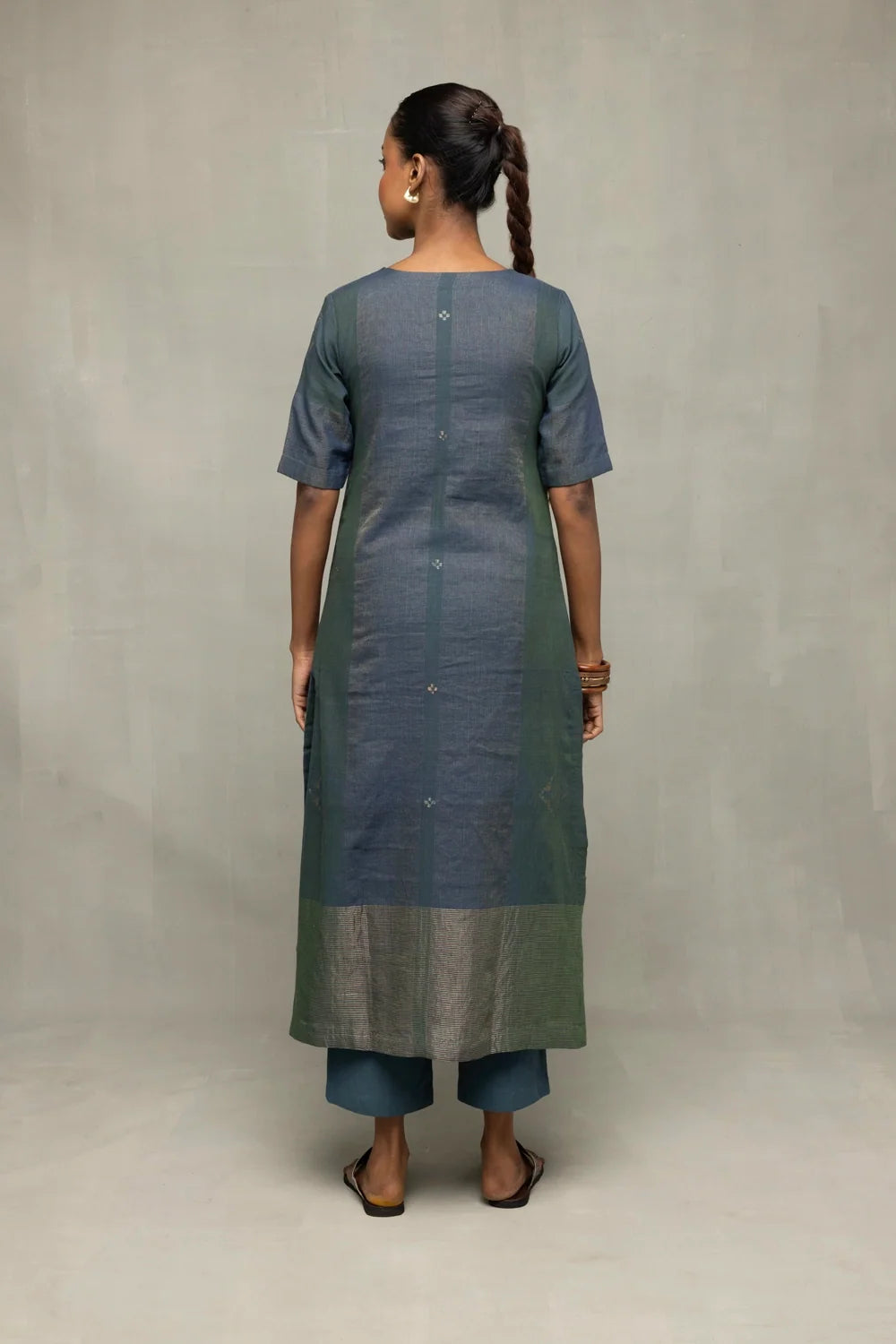 Teal Green Jamdani Kurta Set with Silver Zari Border and Dupatta