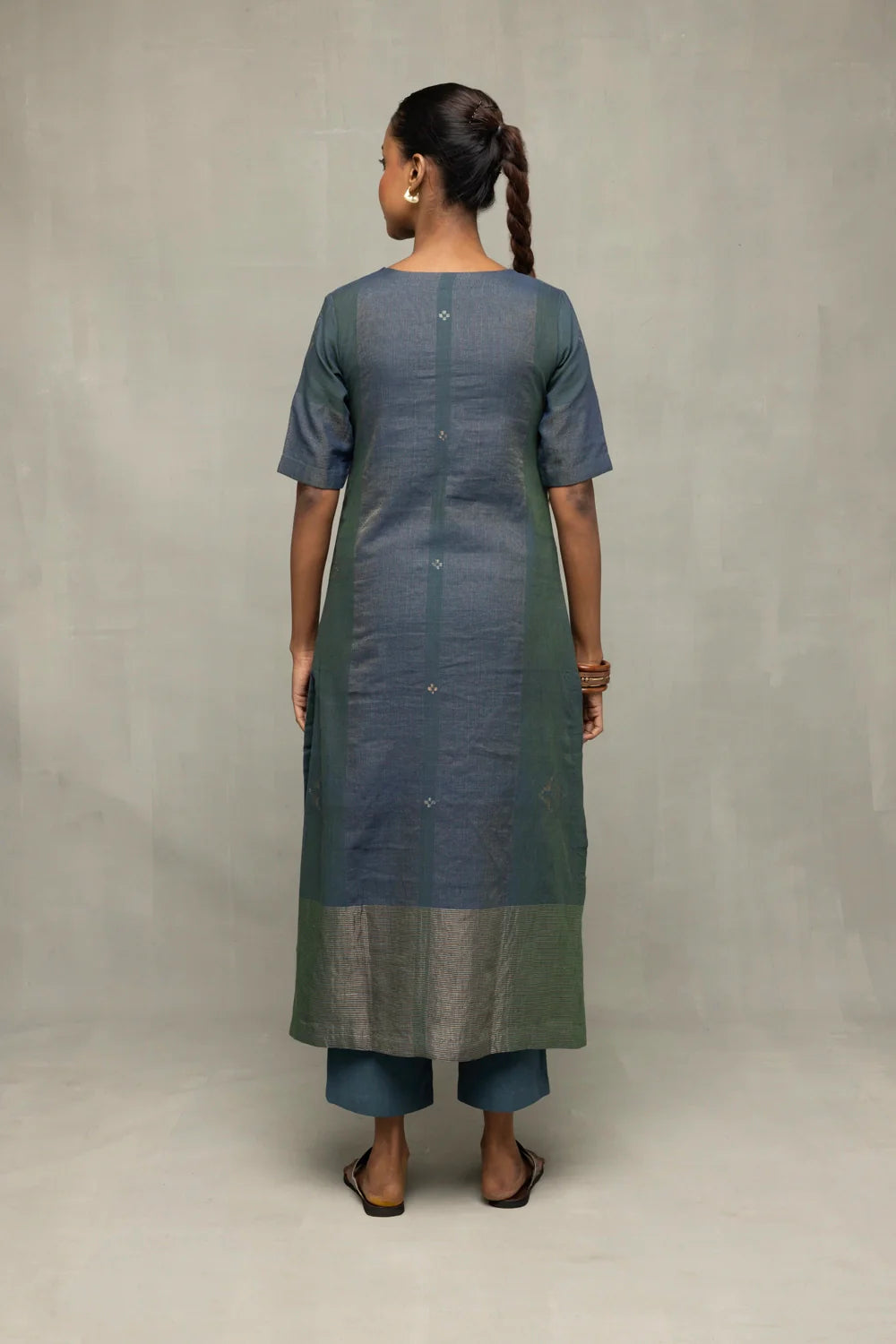 Back View of Teal Jamdani Kurta Set with Silver Zari Border and Dupatta