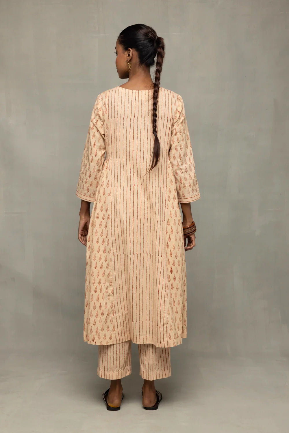 Back View of Terracotta and Cream Block Printed Kurta Set with Dupatta