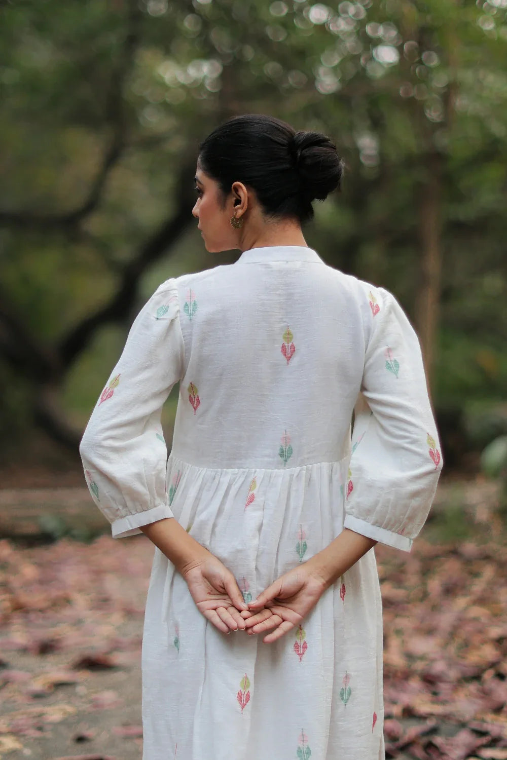 Back View of Whimsy White Cotton Jamdani Dress