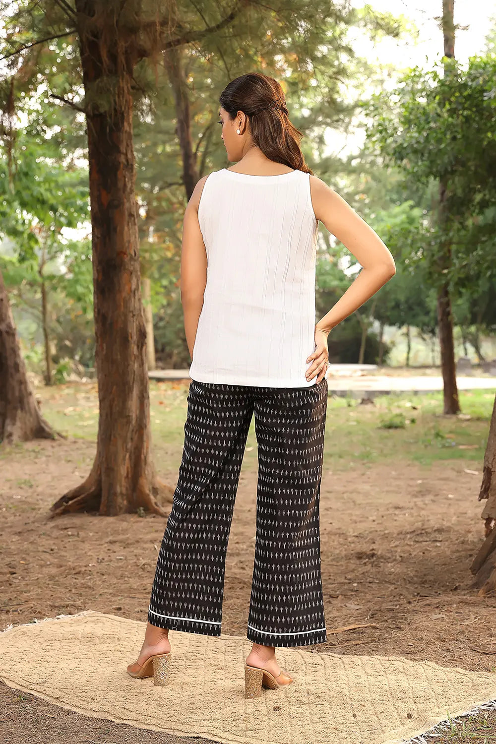 Back View of White and Black Pure Cotton Ikat Co-ord Set