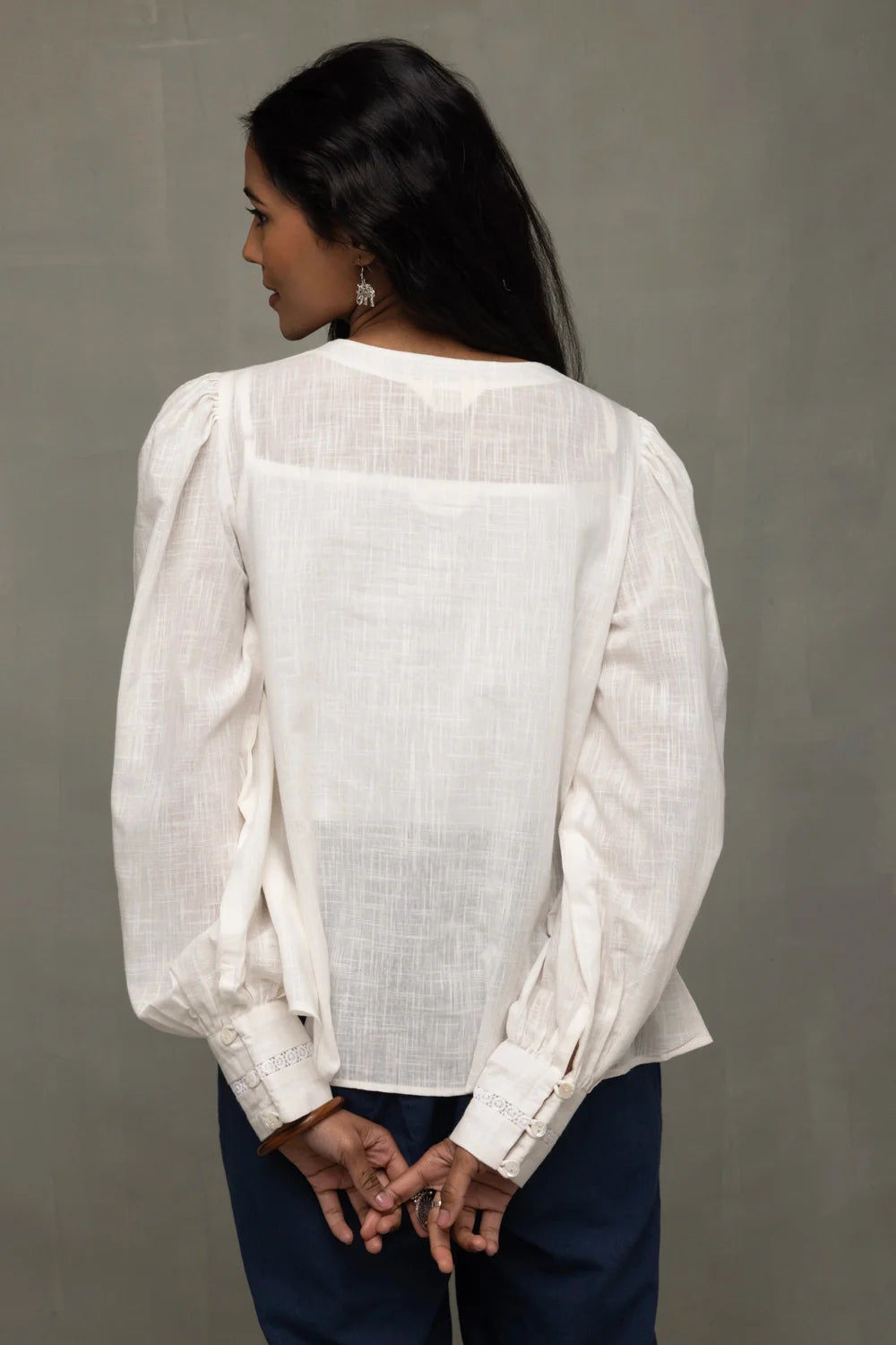 Back View of White Cotton Cloud Gathered Top
