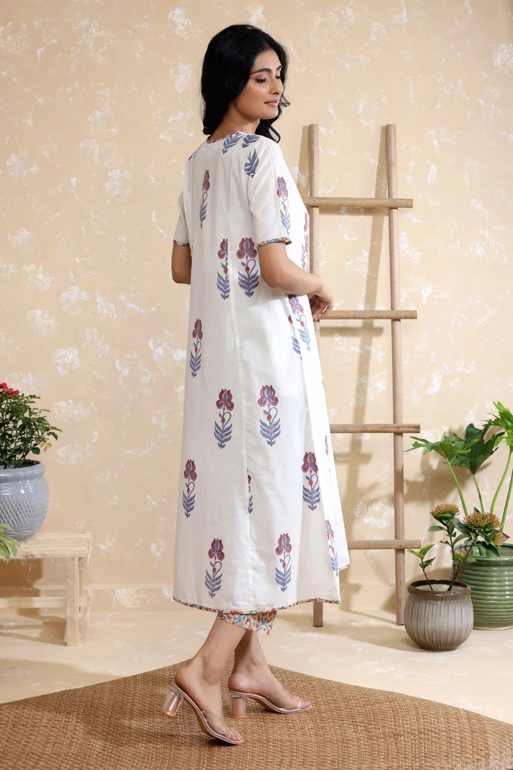 Back View of White Pink Pure Cotton Green Block Print Kurta Set