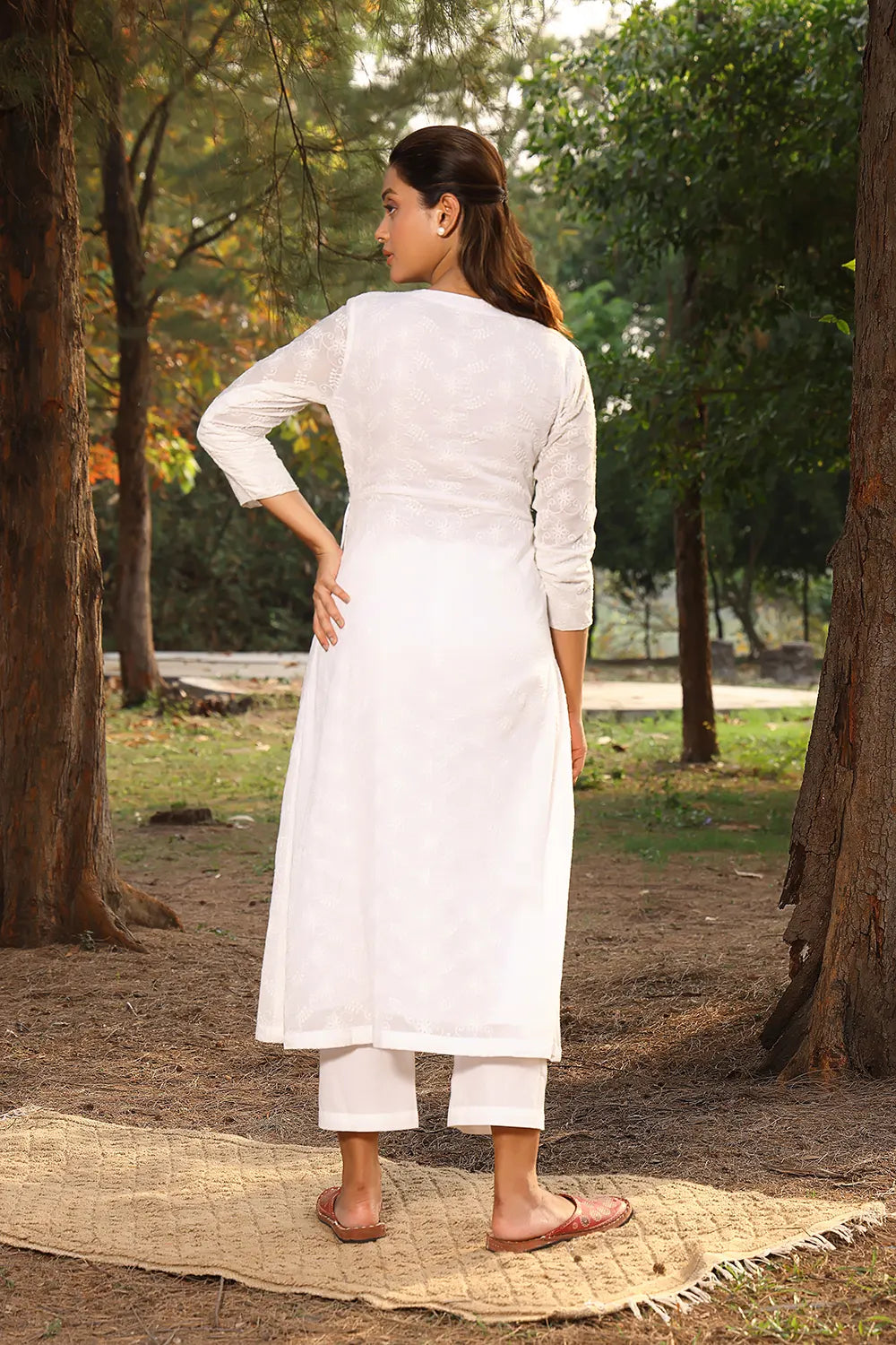 Back View of White Pure Cotton Angrakha with Dori Tie Up Kurta Pant Set