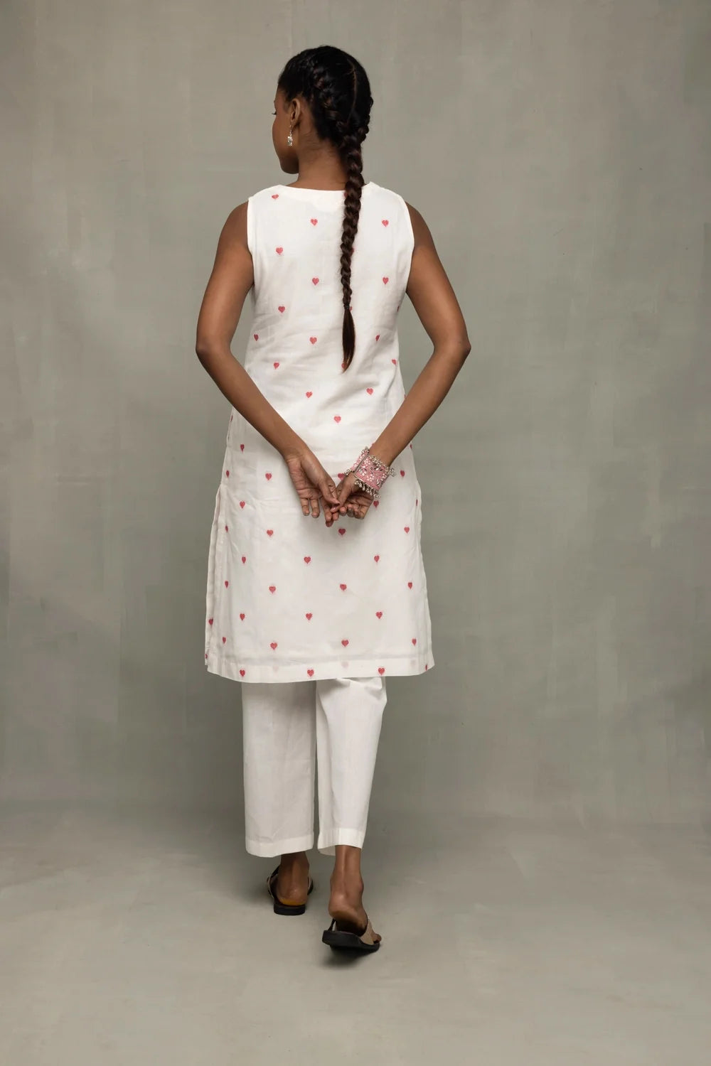 Back View of White Red Hearts South Cotton Kurta Set with Dupatta