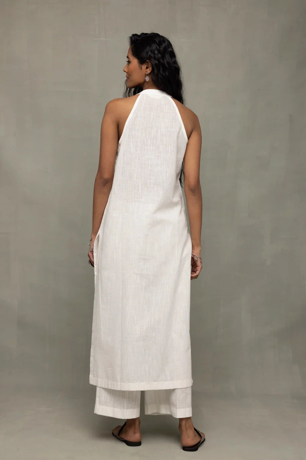 Back View of White Slub Cotton Kurta Set with Jamdani Dupatta