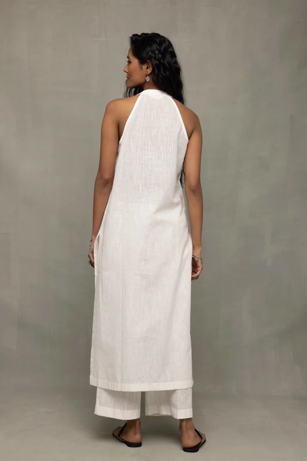 Back View of White Slub Cotton Kurta Set with Jamdani Dupatta
