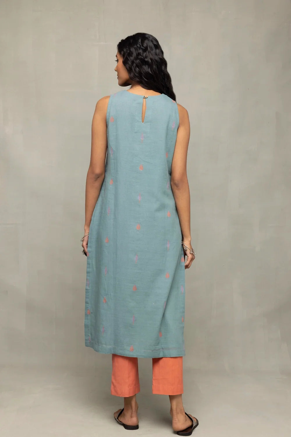 Back View of Zen Blue Straight Fit Jamdani Kurta Set with Tangerine Leaf Motif Dupatta