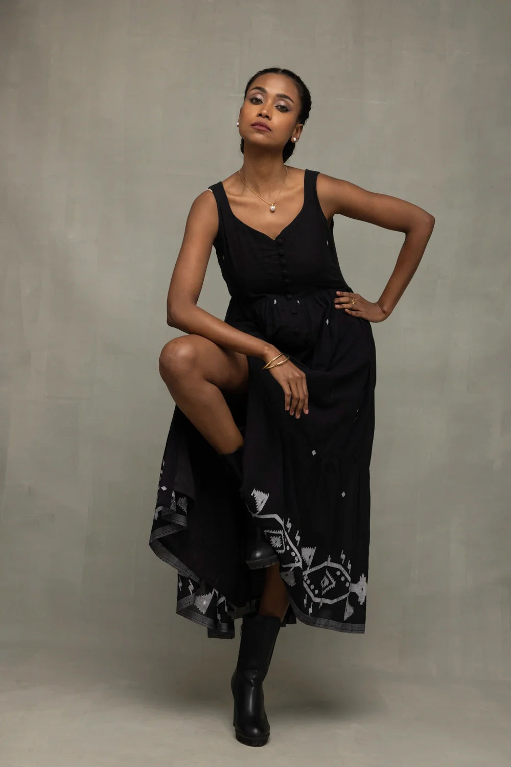 Black Handwoven Jamdani Tiered Midi Dress for Office Wear