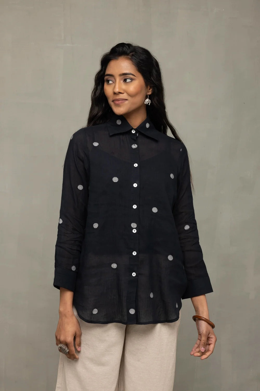 Black Polka Jamdani Shirt-Sutra Art of Clothing