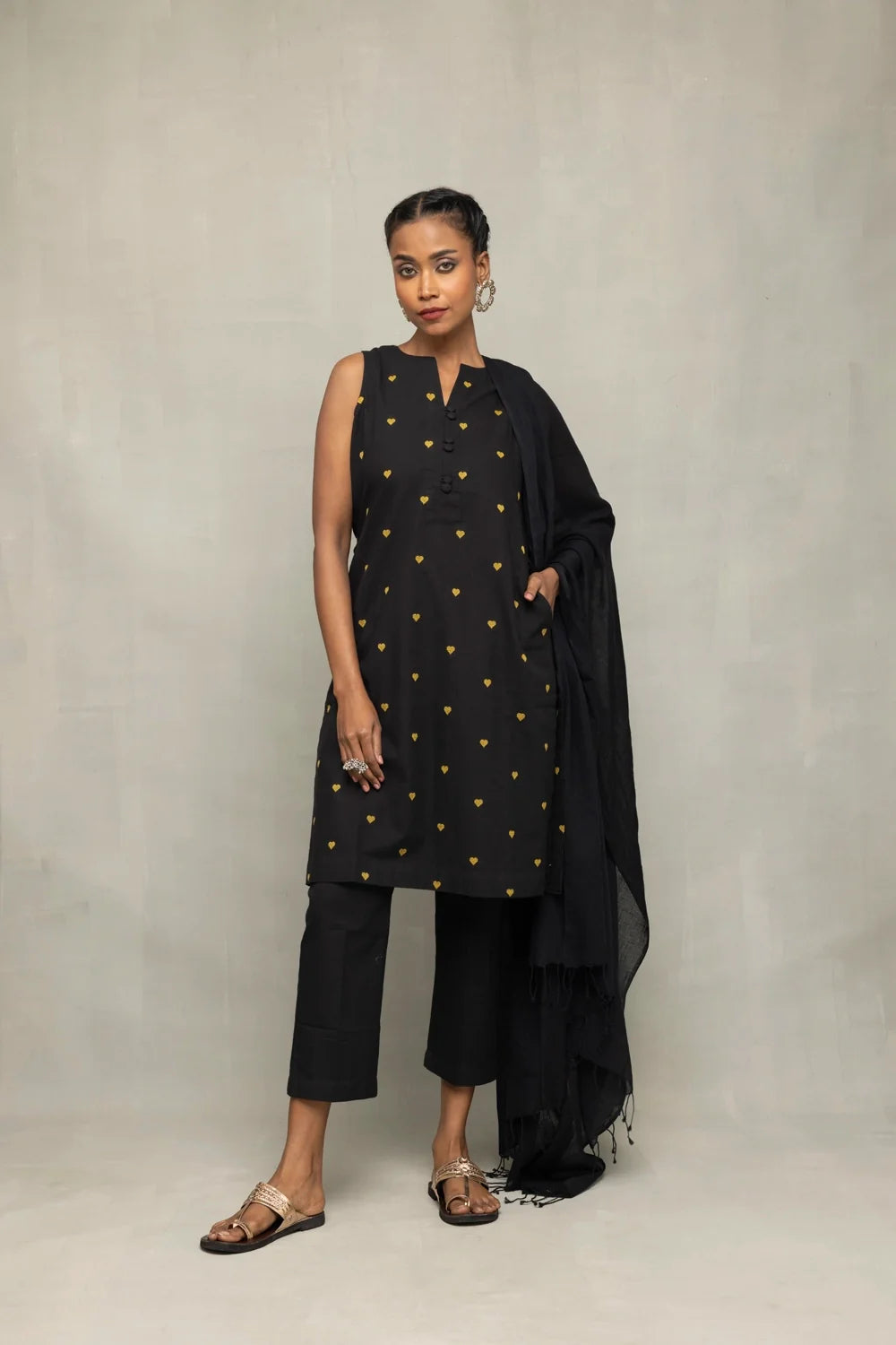 Black Yellow Hearts South Cotton Kurta Set with Dupatta