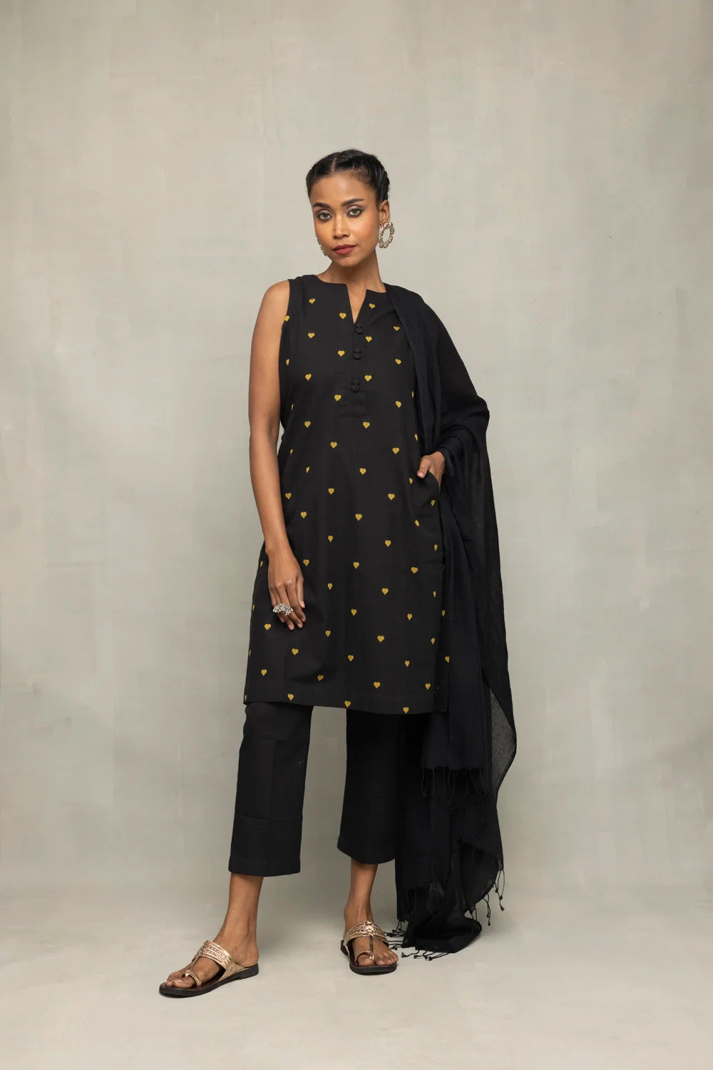 Black Yellow Hearts South Cotton Kurta Set with Dupatta