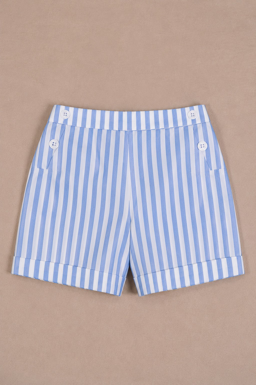 Nice Shorts front view showing blue and white striped organic cotton with turned-up hems