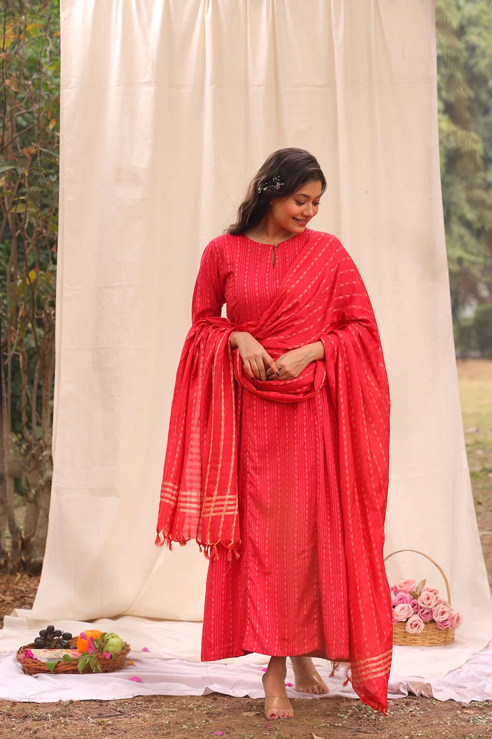 Bright Red Cotton Silk Woven Straight Fit Kurta Set with Dupatta