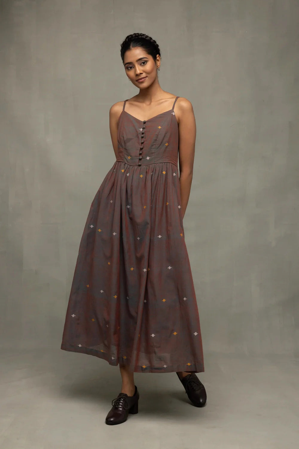 Brown Duo Tone Jamdani Hand Woven Midi Dress
