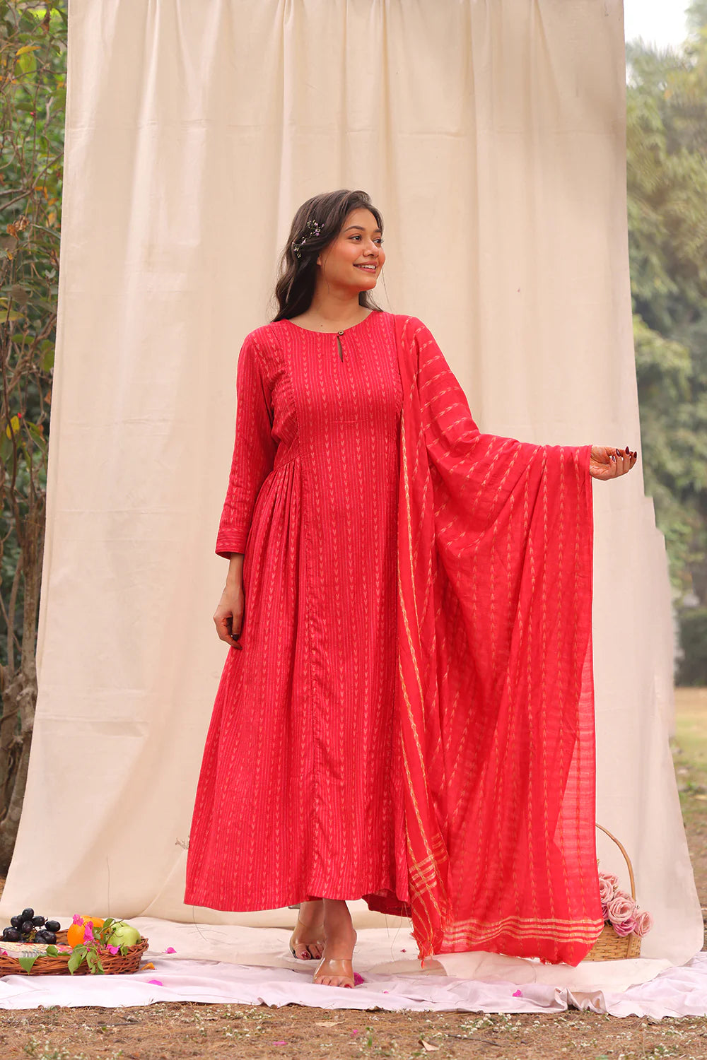 Candy Red Cotton Silk Woven Kurta Set with Dupatta for Festive Occasions