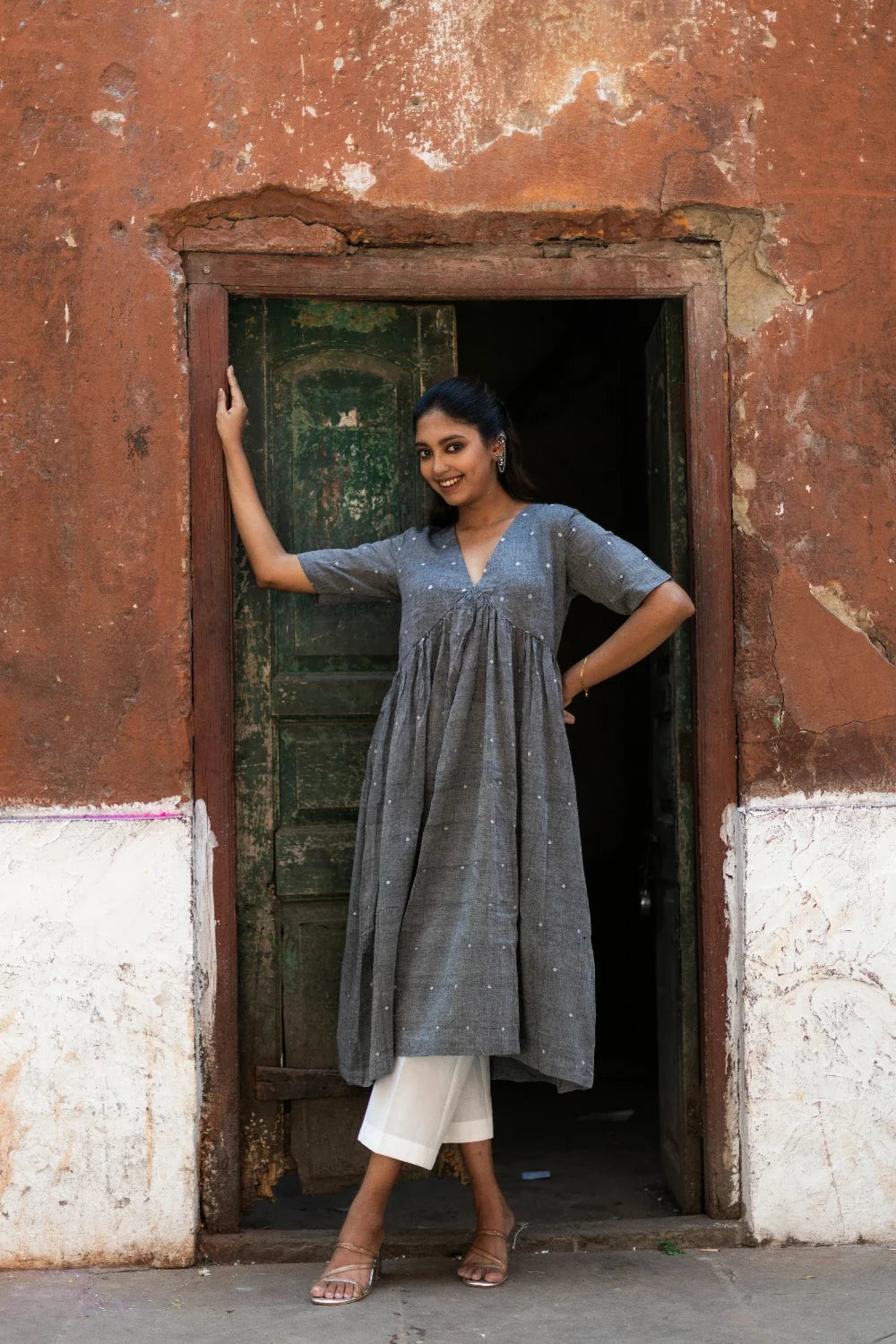 Charcoal Grey Soft Cotton Jamdani Kurta Set for Festive Occasions