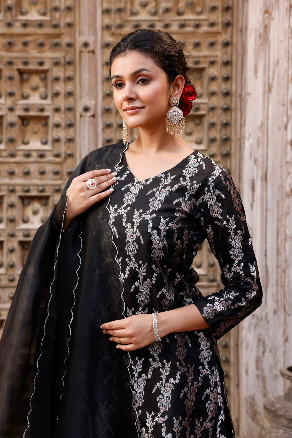 Close Up of Banarasi Silk Weave on Black Pure Silk Sharara