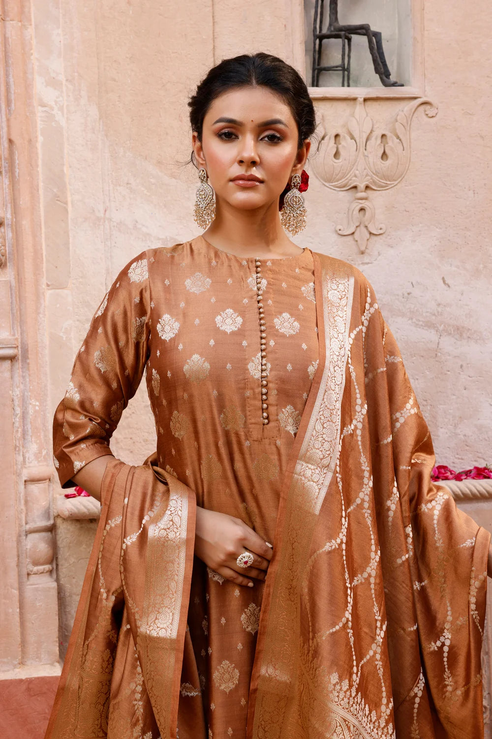 Close Up of Banarasi Silk Weave on Mocha Brown Pure Silk Kurta Set