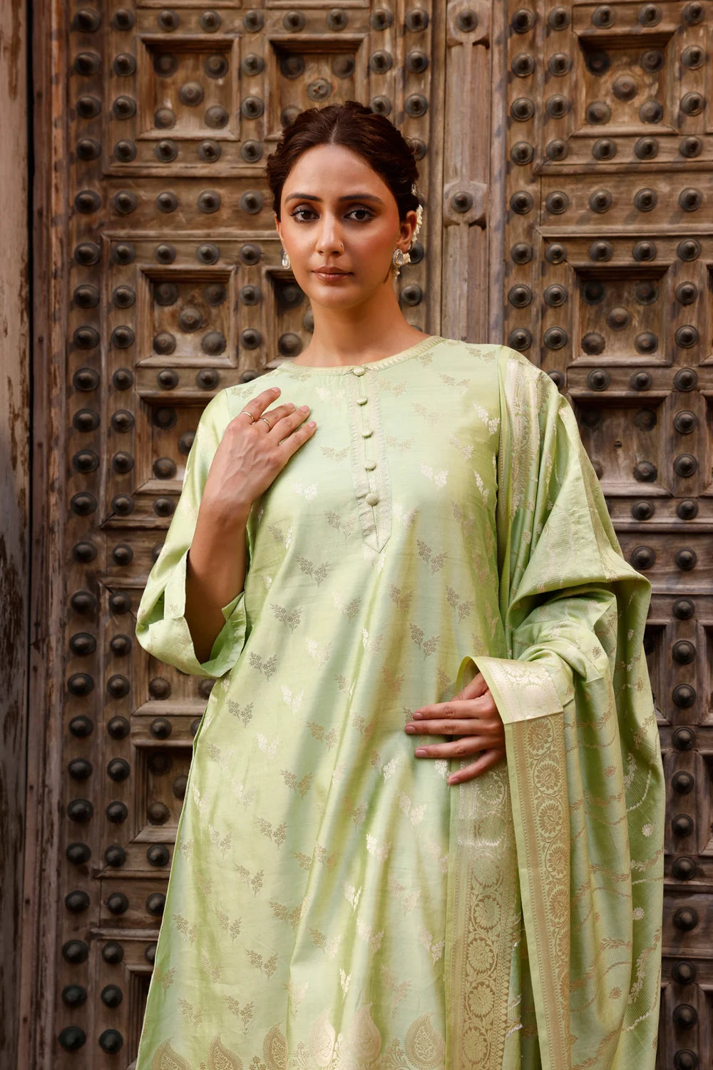 Close Up of Banarasi Silk Weave on Pista Green Pure Silk Kurta Set