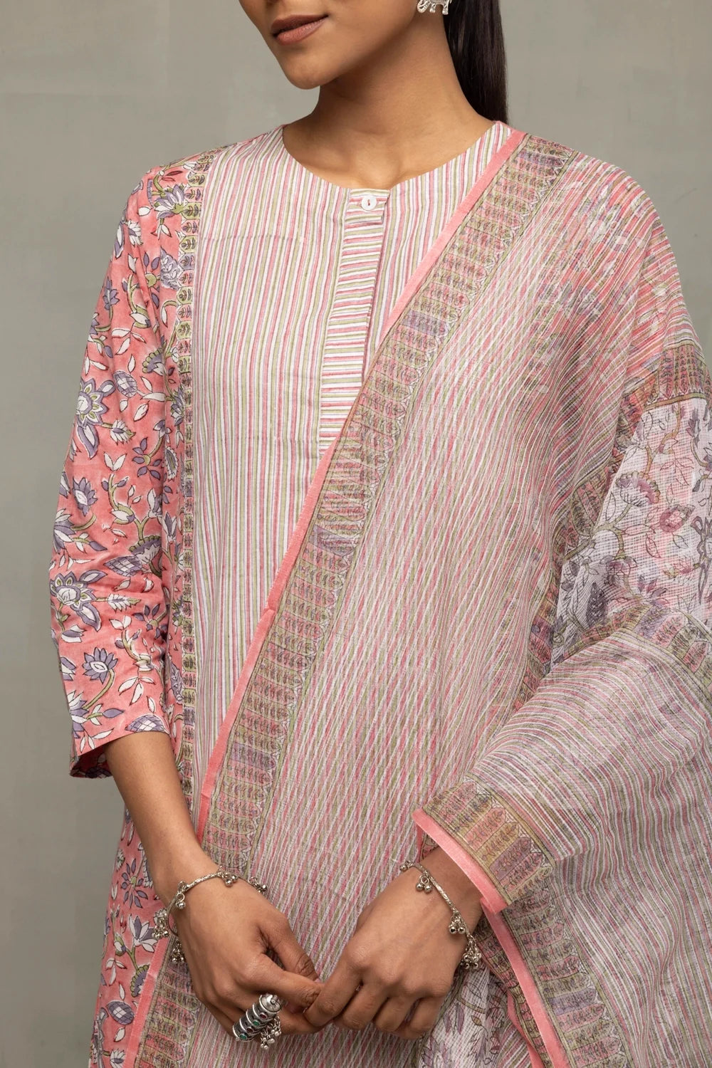 Close Up of Block Print Pattern on Salmon and Frost Cotton Kurta
