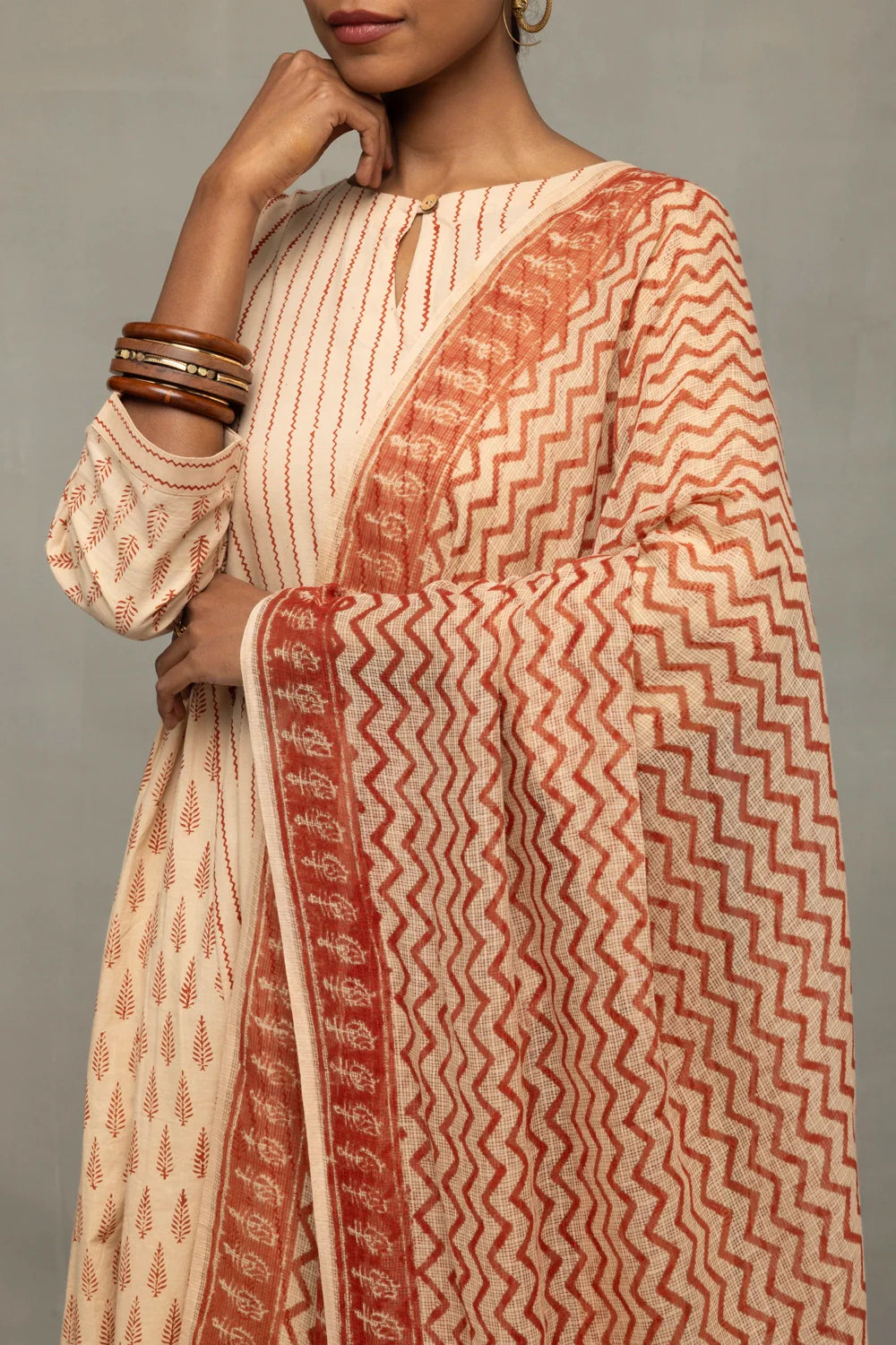 Close Up of Block Print Pattern on Terracotta and Cream Cotton Kurta