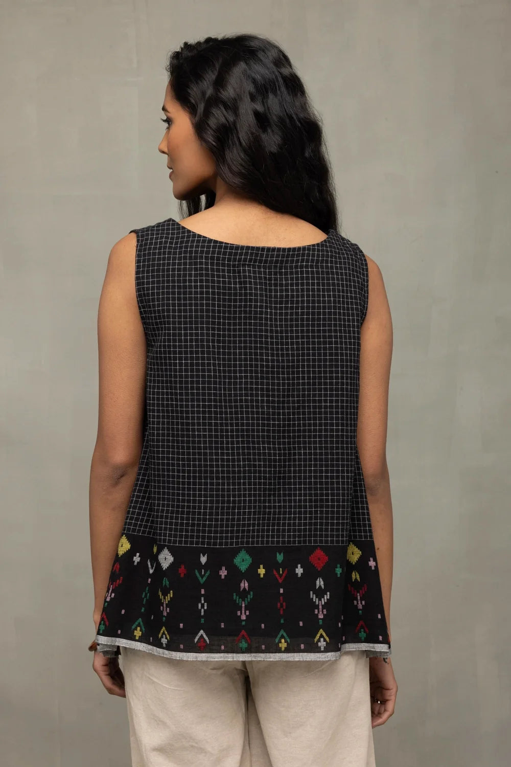 Close Up of Check Pattern Jamdani Weave on Black Handwoven Top