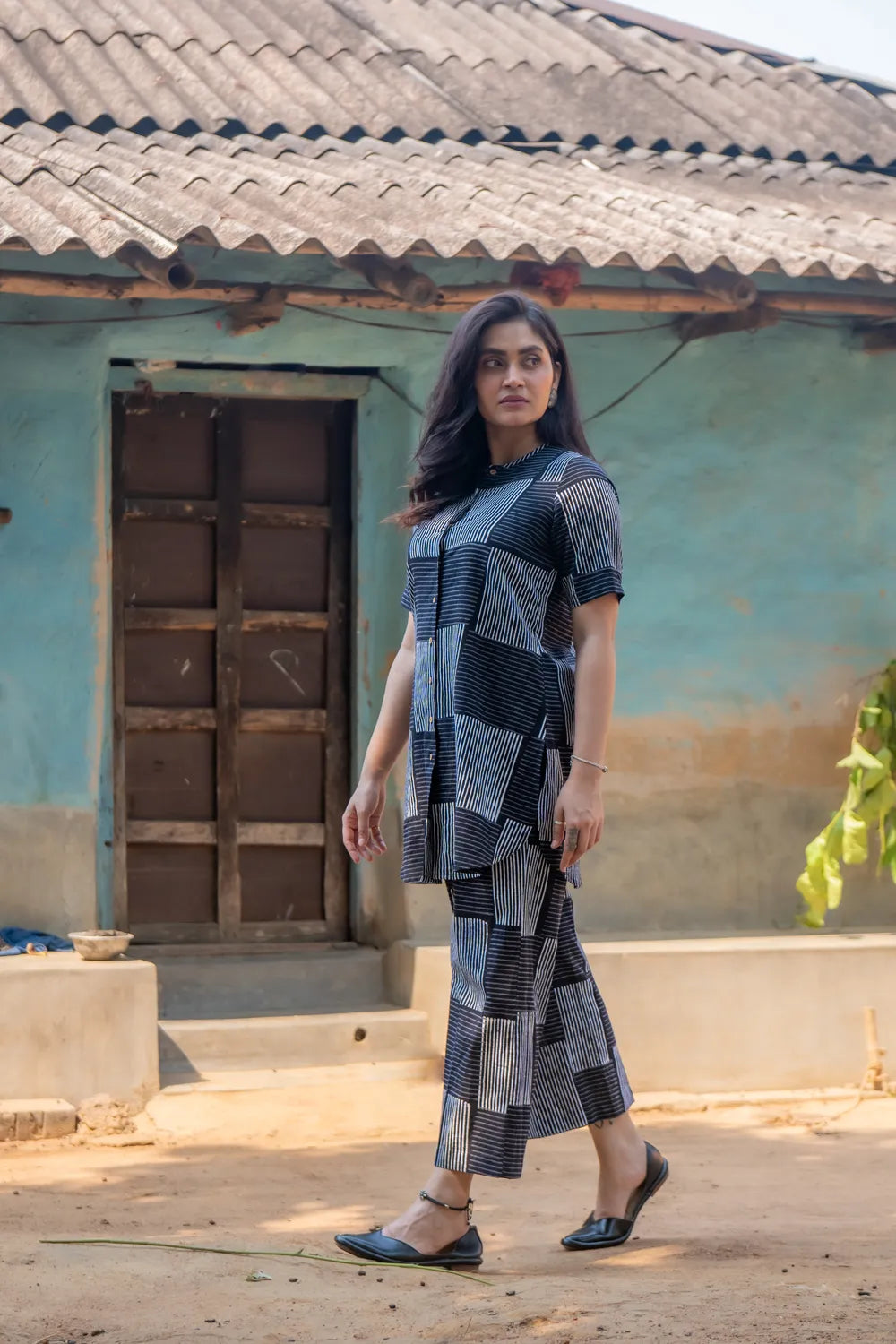 Close Up of Check Stripes Hand Block Print Pattern on Black Pure Cotton Co-ord Set