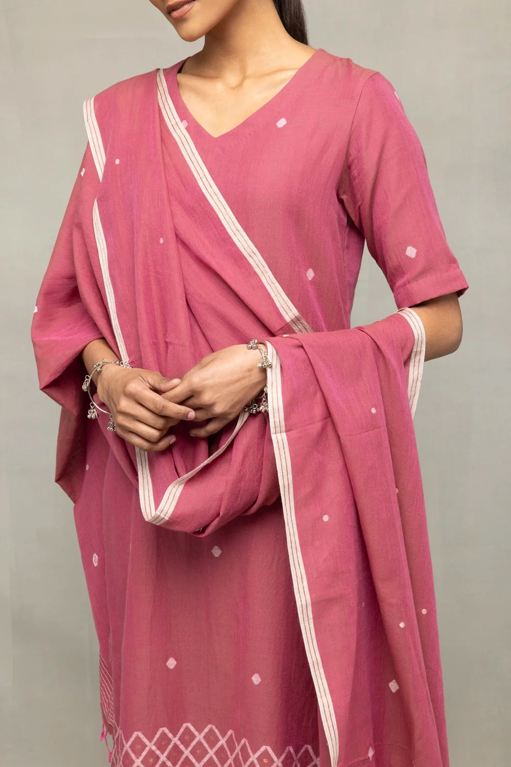 Dusty Rose Cross Motifs Jamdani Kurta Set With Dupatta-Sutra Art of Clothing