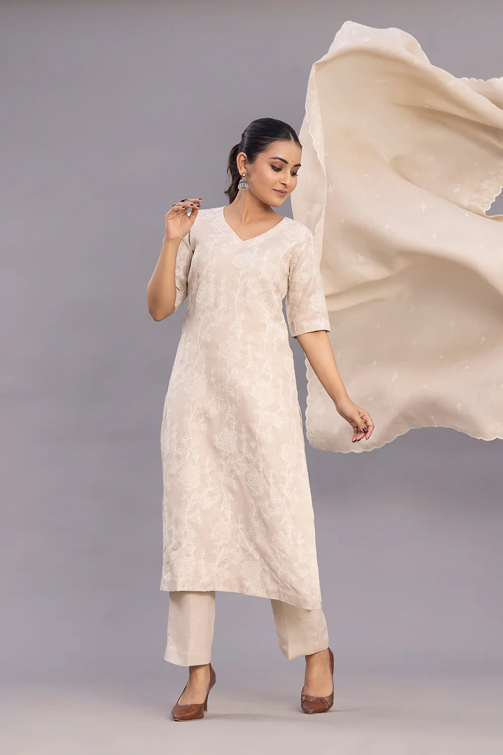 Close Up of Embroidery Detailing on Beige Linen Kurta Set with Dupatta