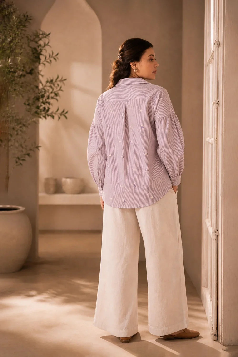 Close Up of Embroidery Detailing on Lavender Pure Cotton Shirt