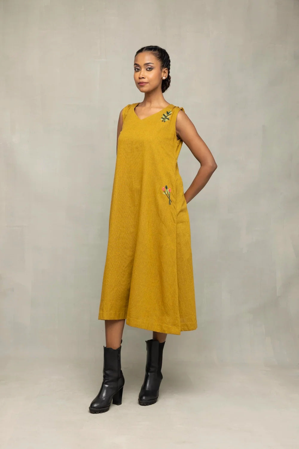 Olive Green Cotton Embriodered Dress-Sutra Art of Clothing