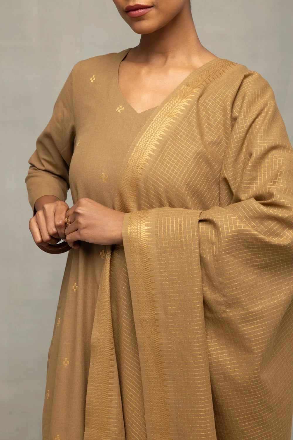 Close Up of Fabric Texture and Detailing on Damp Sand Kurta Set