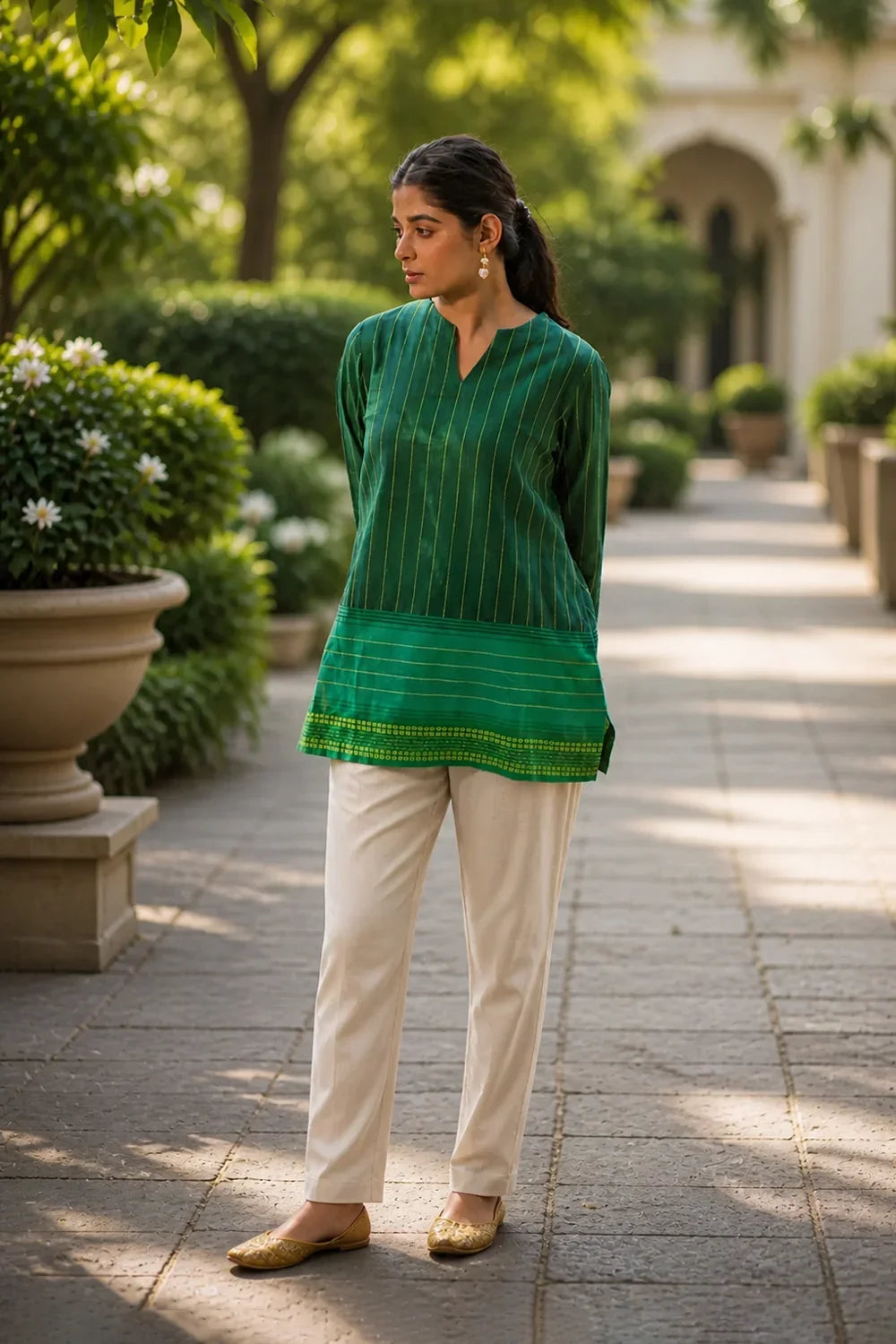 Close Up of Fabric Texture on Green Pure Cotton Top