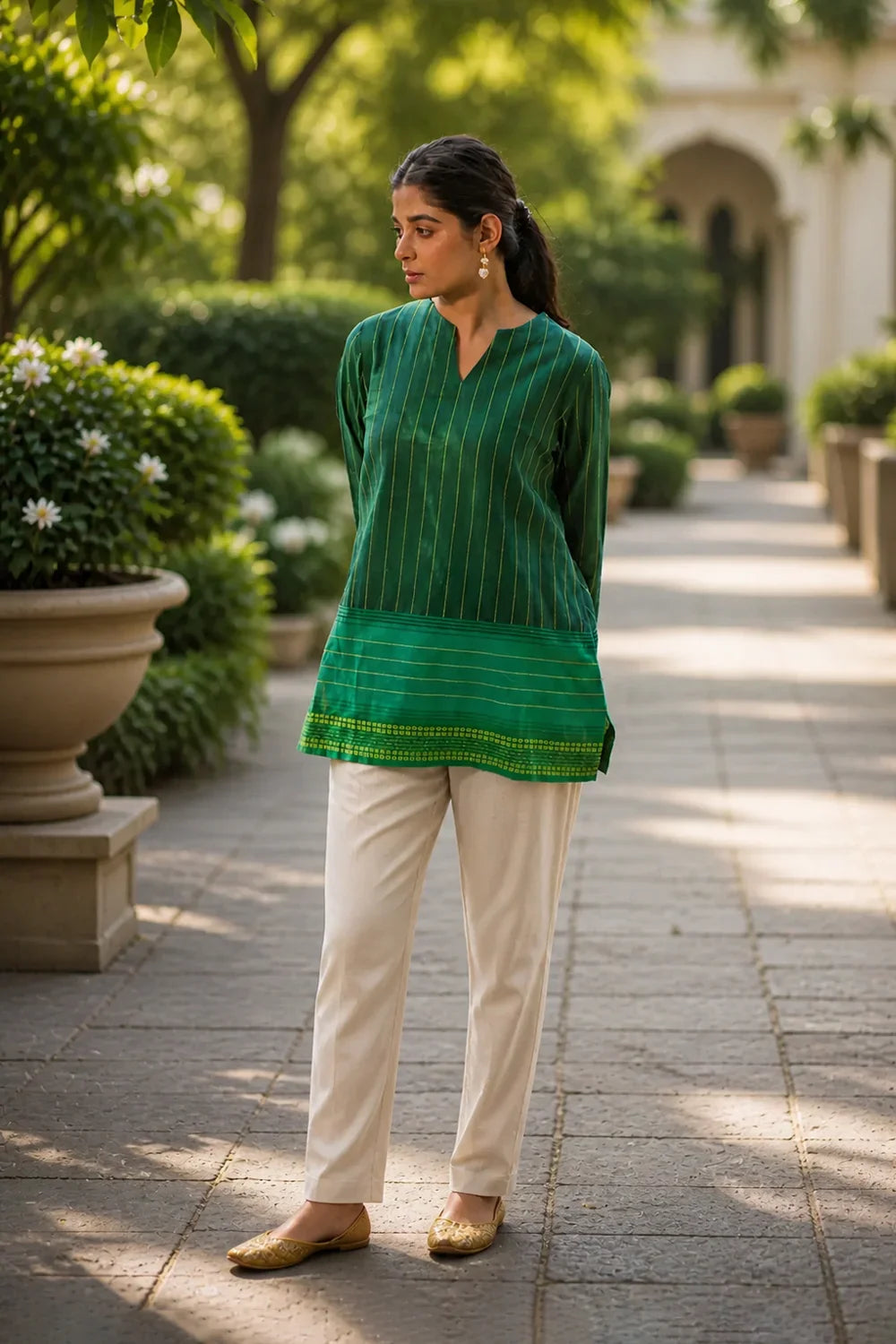 Close Up of Fabric Texture on Green Pure Cotton Top