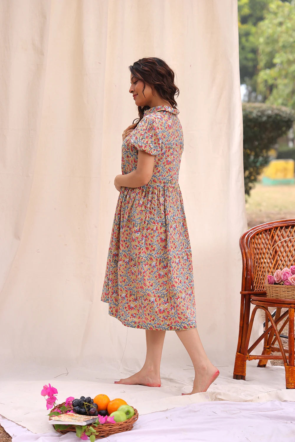 Close Up of Floral Block Print Pattern on Beige Cotton Dress