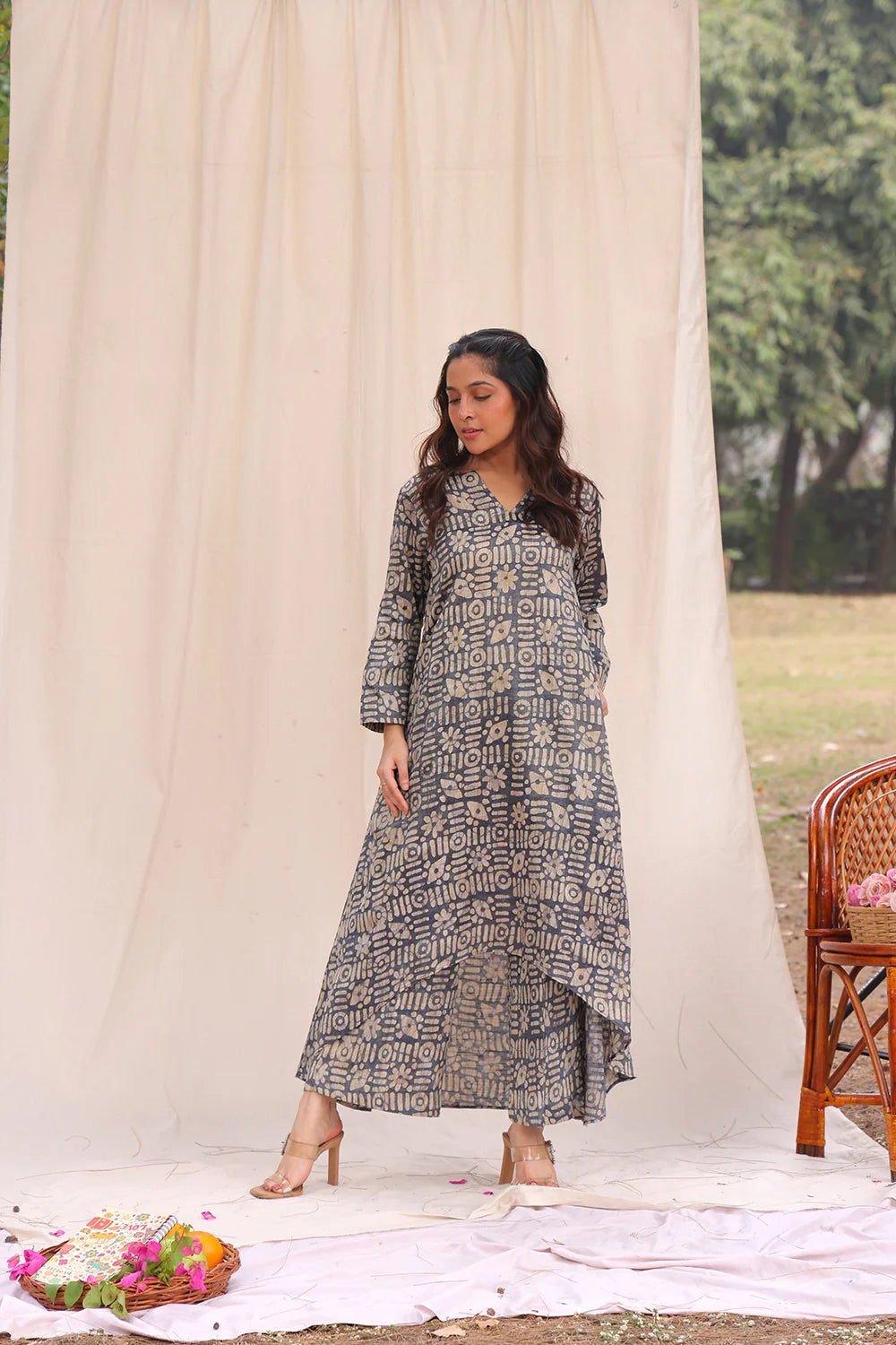 Close Up of Hand Batik Pattern on Stone Blue Khadi Cotton Co-ord Set