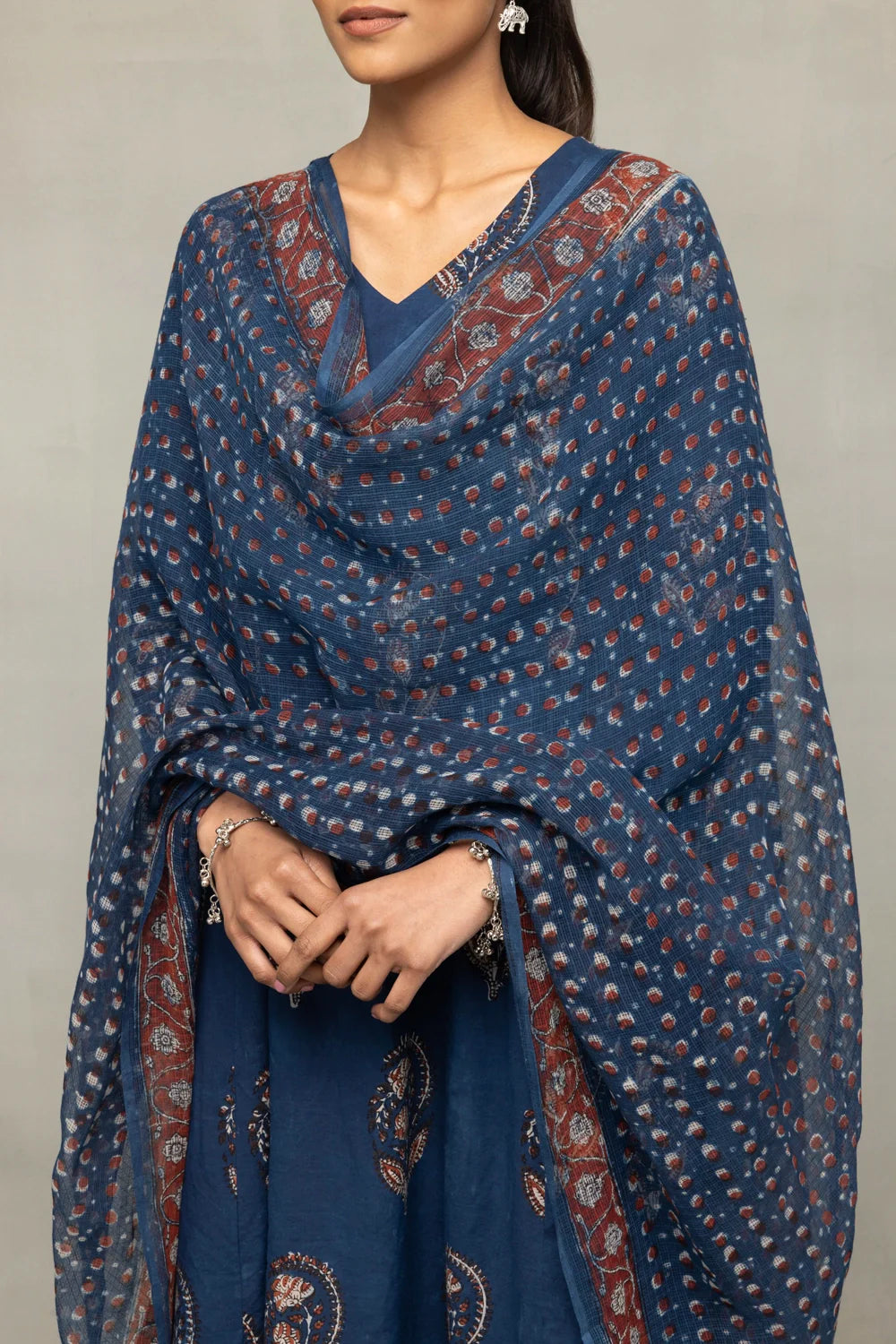 Close Up of Hand Block Print Pattern on Indigo Cotton Kurta Set