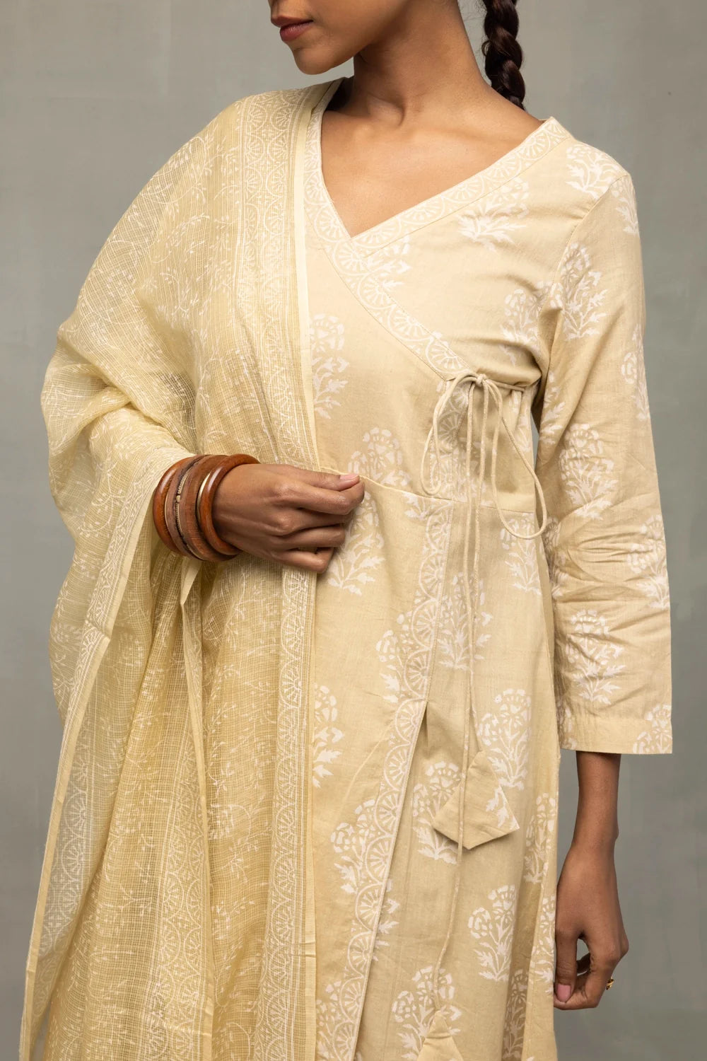 Close Up of Hand Block Print Pattern on Sahara Gold Angrakha Kurta
