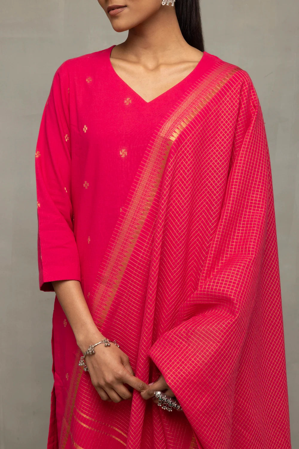 Close Up of Handwoven Weave Texture on Amaranth South Cotton Kurta