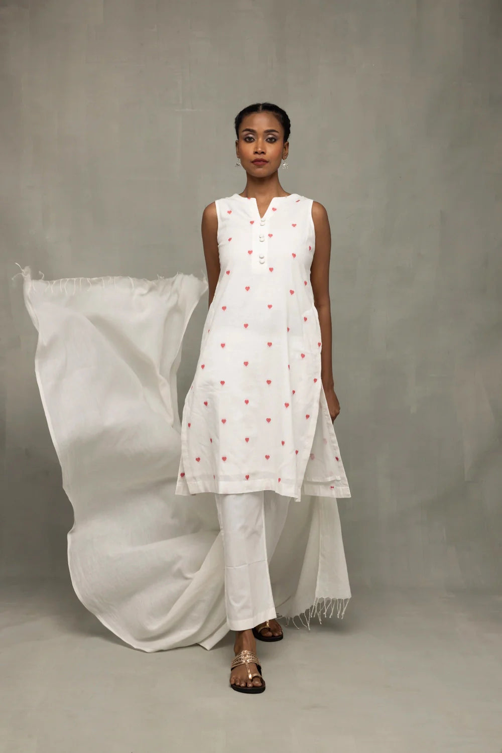 Close Up of Hearts Motif Weave on Ivory and Red South Cotton Co-ord Set