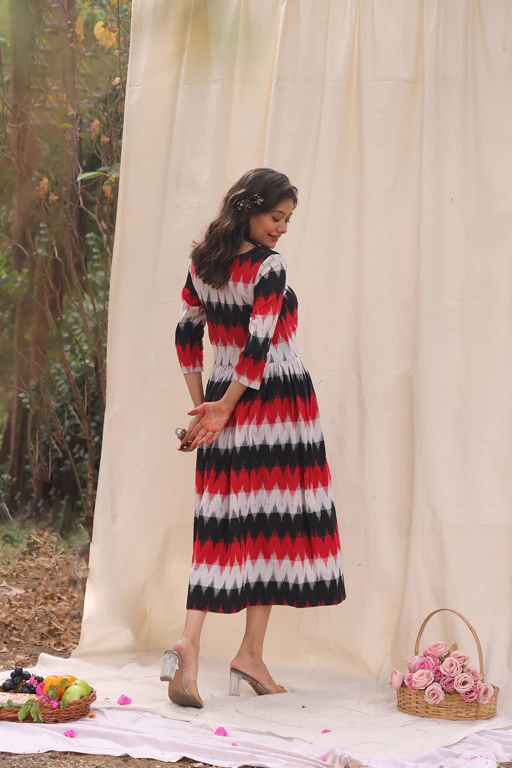 Close Up of Ikkat Weave Pattern on Rhythmic Black Cotton Dress