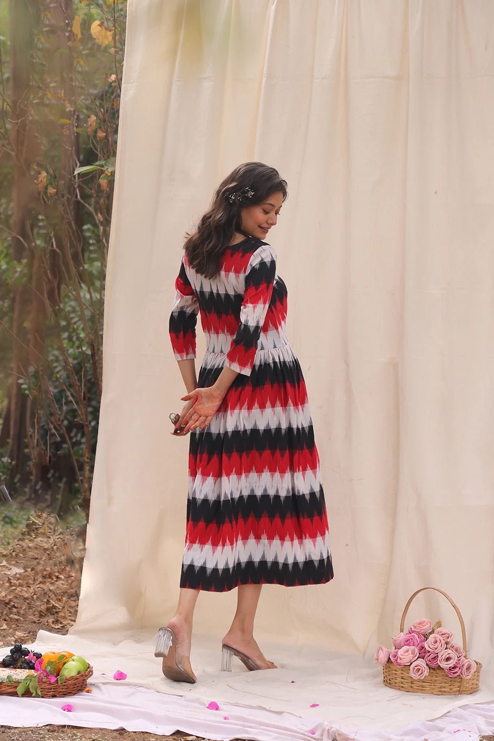 Close Up of Ikkat Weave Pattern on Rhythmic Black Cotton Dress