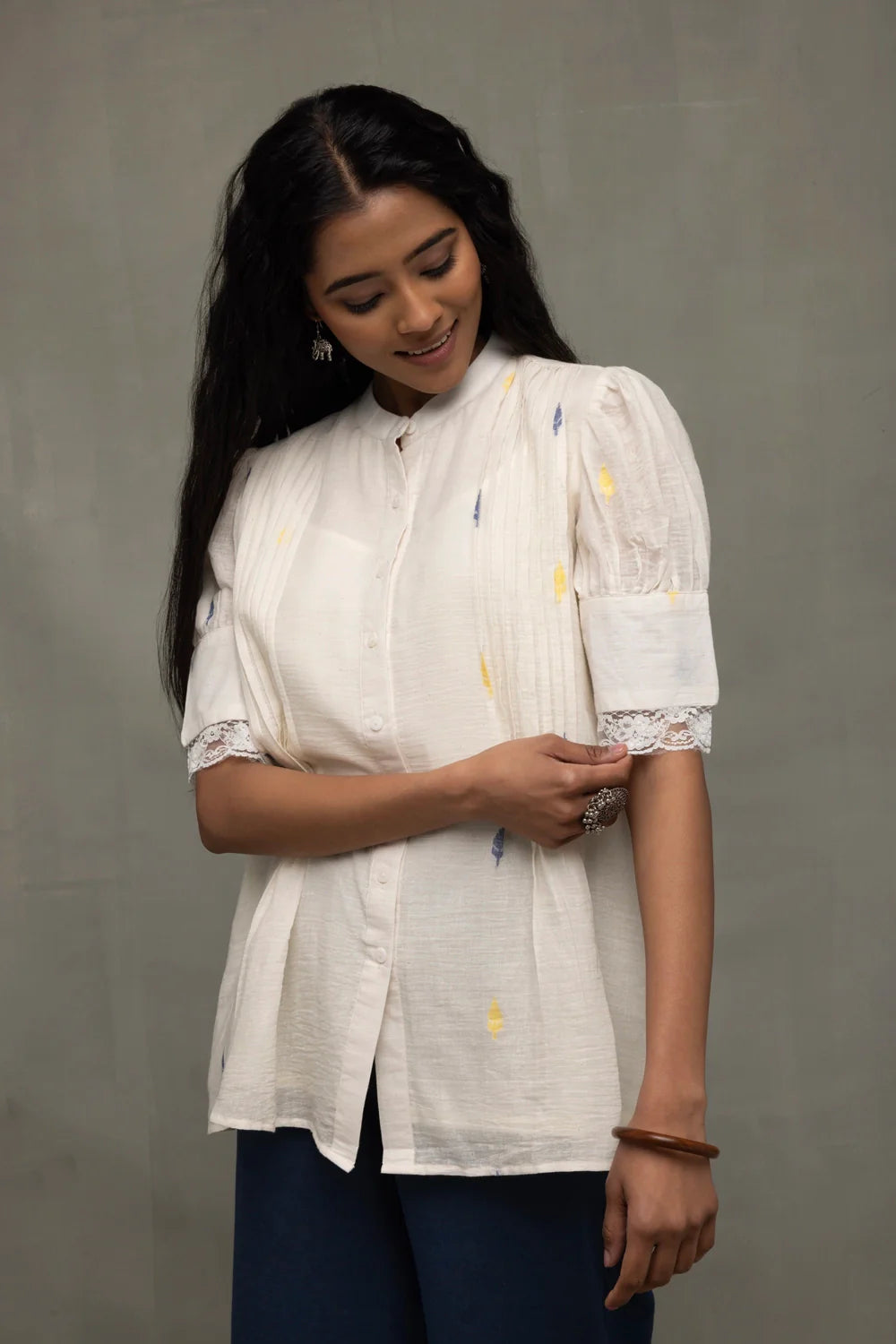 Elegant Ivory Jamdani Puff Sleeve Shirt Top for Casual Everyday Wear