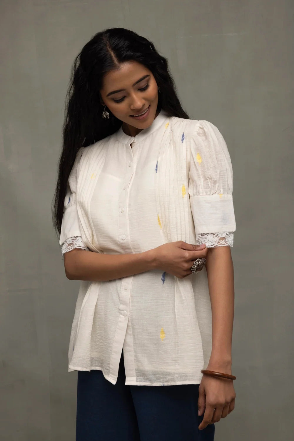 Ivory Pleated Jamdani Puff Sleeve Shirt Top-Sutra Art of Clothing