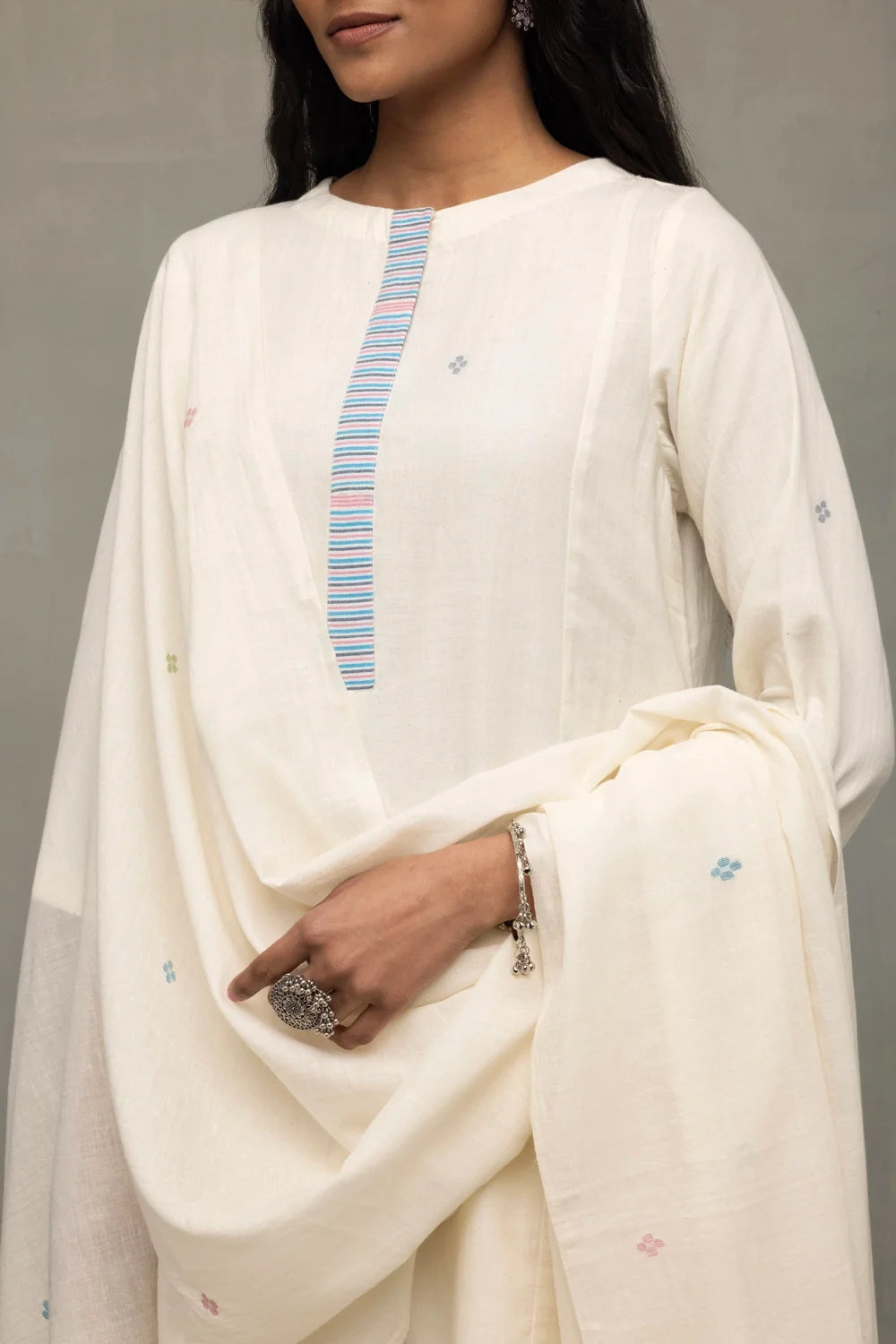 Close Up of Jamdani Weave and Stripes on Ivory Kurta Dupatta Set