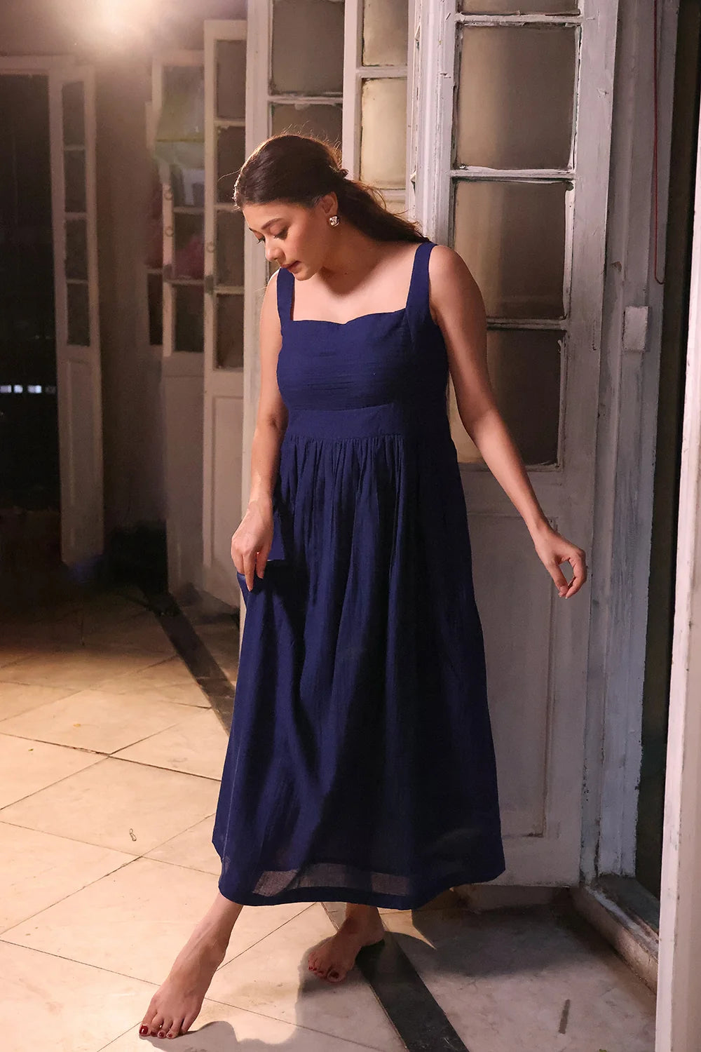 Close Up of Jamdani Weave Motifs on Blue Dusk Cotton Dress