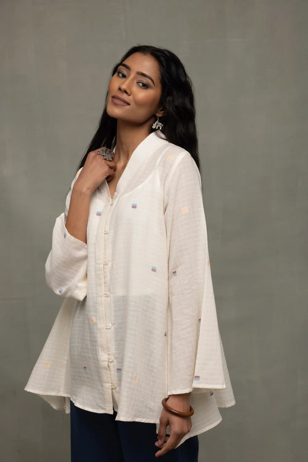 Close Up of Jamdani Weave Motifs on Ivory Breeze Cotton Top