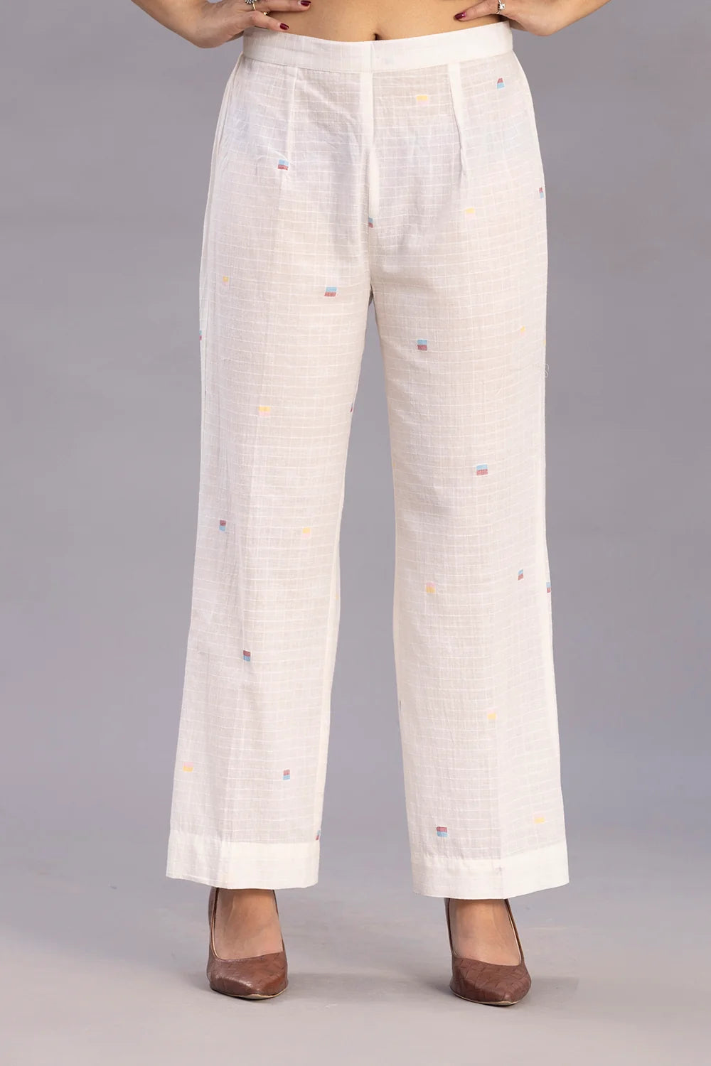 Close Up of Jamdani Weave Motifs on Ivory Slit Co-ord Set
