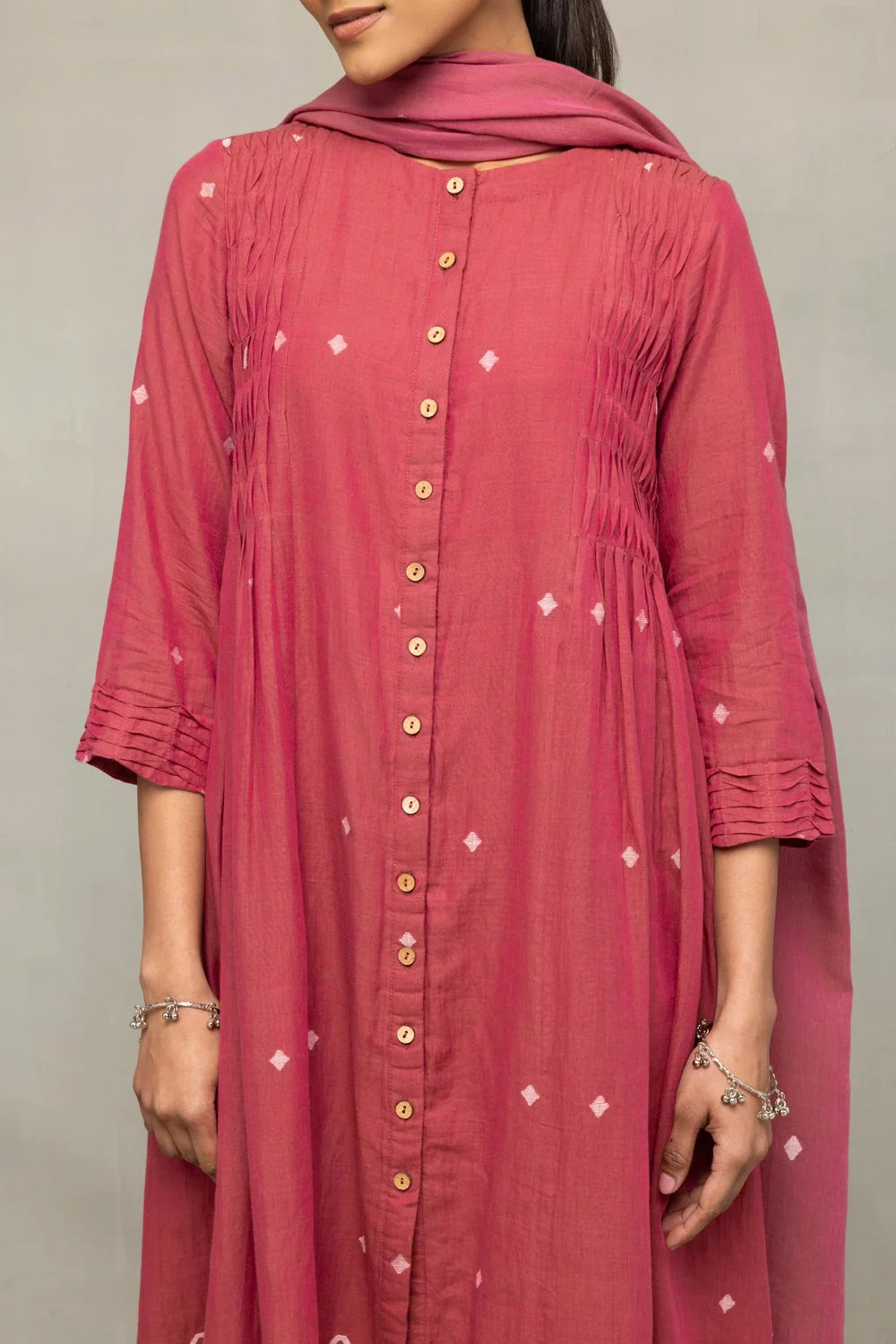 Dusty Rose Pink Cross Motifs Jamdani Kurta Set With Dupatta